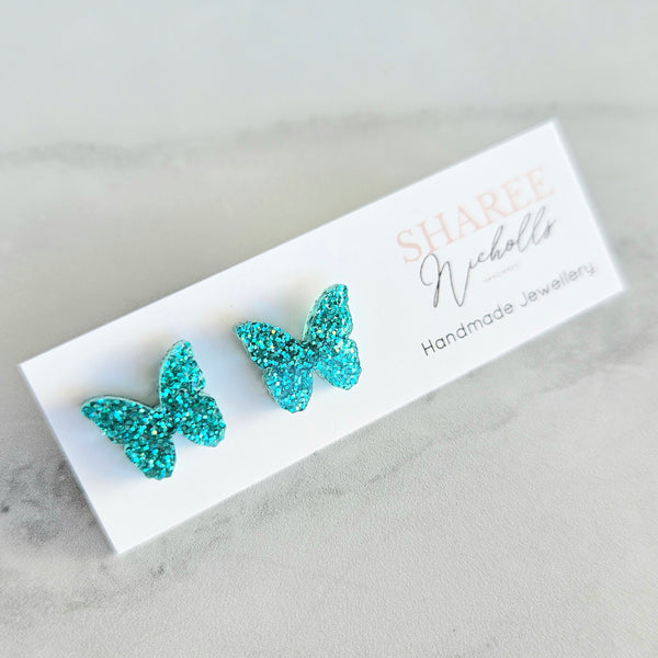 Teal Glitter Butterfly Acrylic Stud Earrings