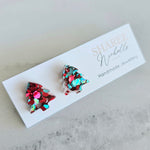 Red & Teal Chunky Glitter Christmas Tree Acrylic Stud Earrings