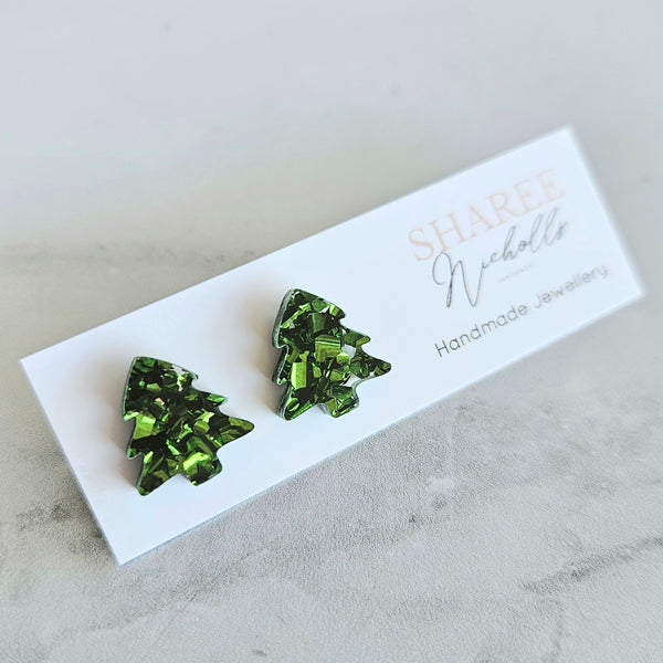 Green Chunky Glitter Christmas Tree Acrylic Stud Earrings