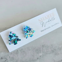 Blue & Silver Shard Glitter Christmas Tree Acrylic Stud Earrings