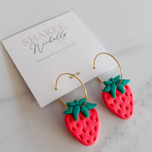 Strawberry Polymer Clay Hoop Dangle Earrings