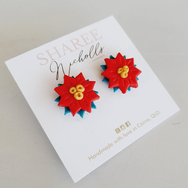 Poinsettia Polymer Clay Statement Stud Earrings: Choose Colour