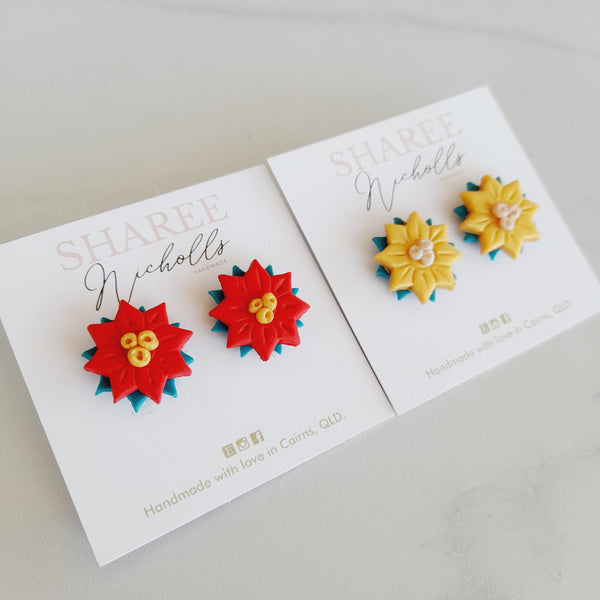 Poinsettia Polymer Clay Statement Stud Earrings: Choose Colour